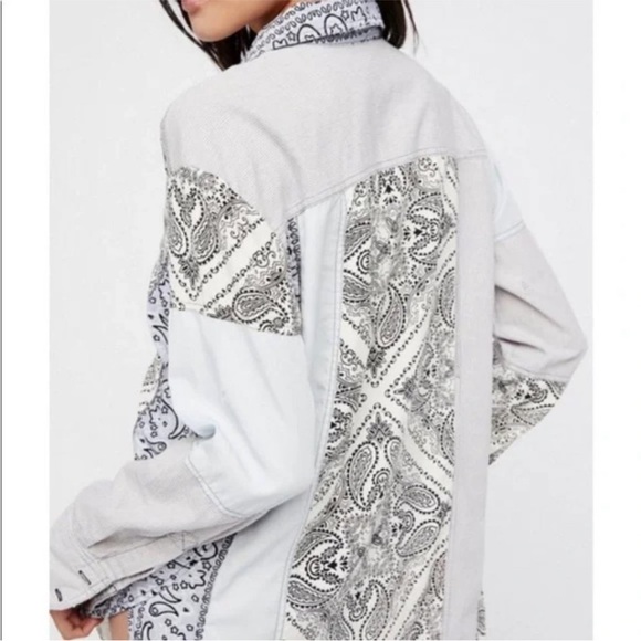 Free People Paisley Patchwork Oversized Button Up Shirt, Blue & White Floral Top - Picture 3 of 11